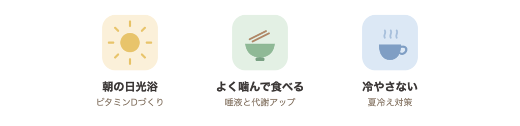 30代の免疫を整える3つのゆる習慣:朝の日光浴・よく噛んで食べる・冷やさない